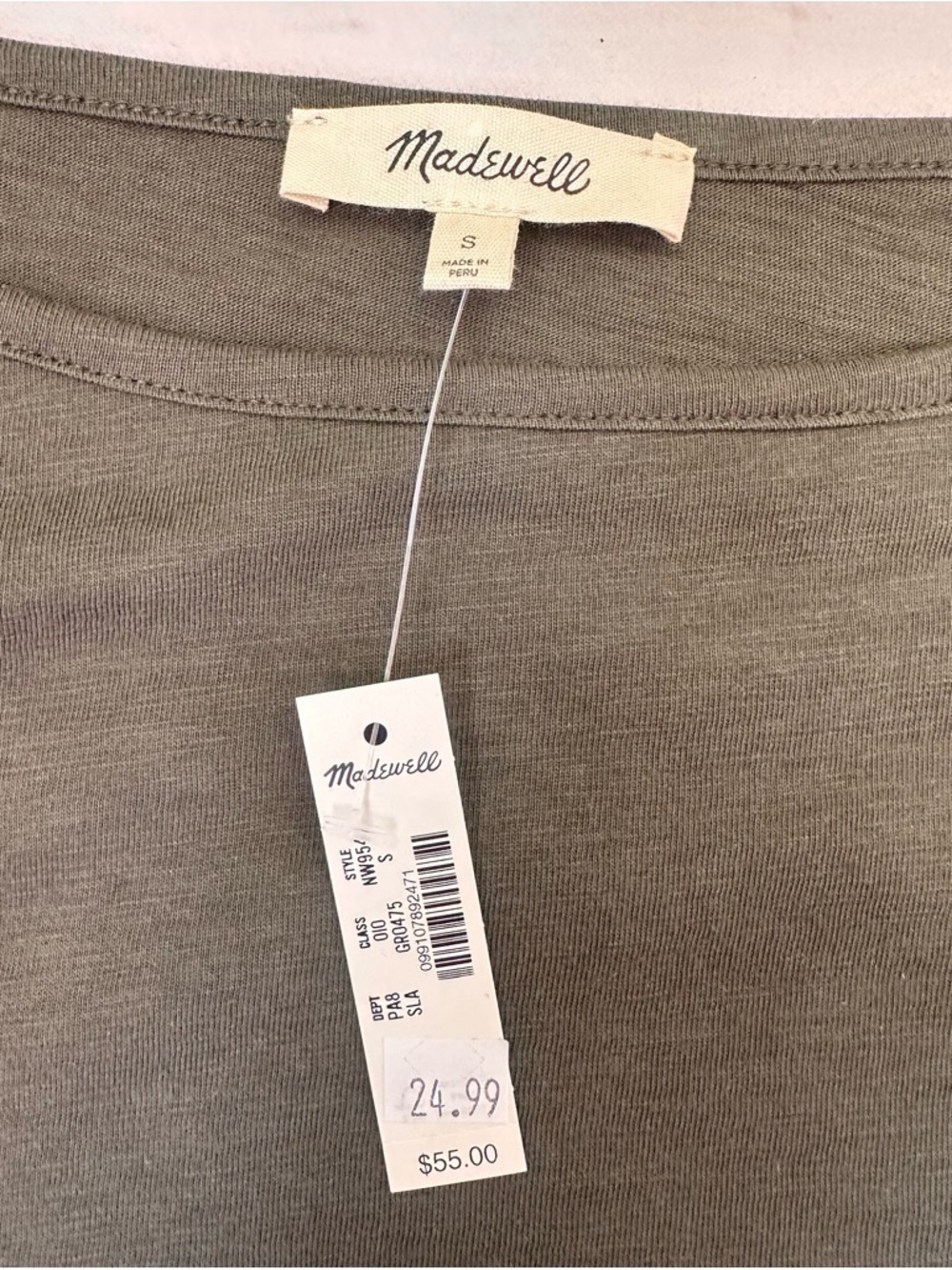 Madewell Olive Green, Side-Ruched, Long Sleeve Tee, Size Small, NWT - Picture 4 of 8
